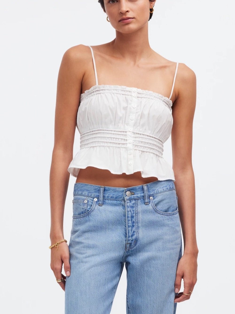 Madewell Smocked Button-Front Top in Poplin